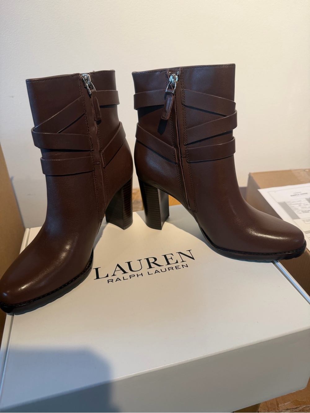Ralph Lauren Dark Brown Leather Ankle Booties with Wrapped Straps